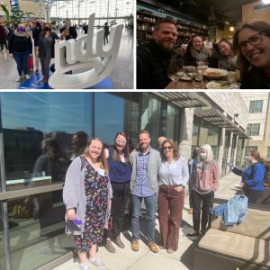 Three different images of Amanda Vetsch, Kristina Fruge, Jeremy Meyers and Ellen Weber together in Indy. The first on the top left is at the airport by the Indy sign. The top right is at dinner together and bottom image is outside at the conference soaking up the sunshine. 